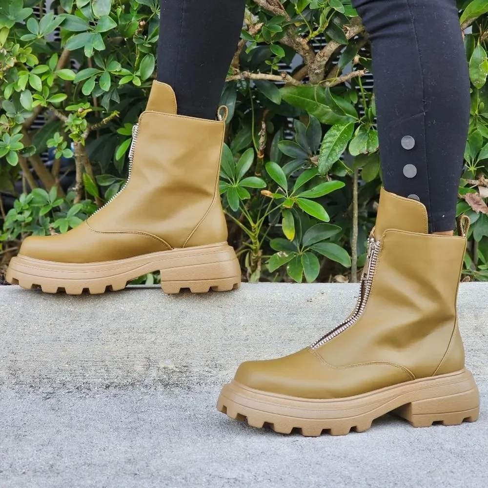 Womens Platform Combat Ankle Boots Olive Color - Picture 2 of 5
